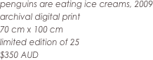 penguins are eating ice creams, 2009
archival digital print
70 cm x 100 cm
limited edition of 25
$350 AUD